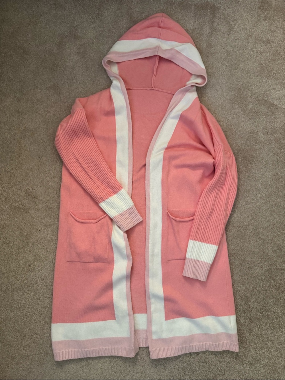 Pink Hooded Open Cardigan with White Trim
